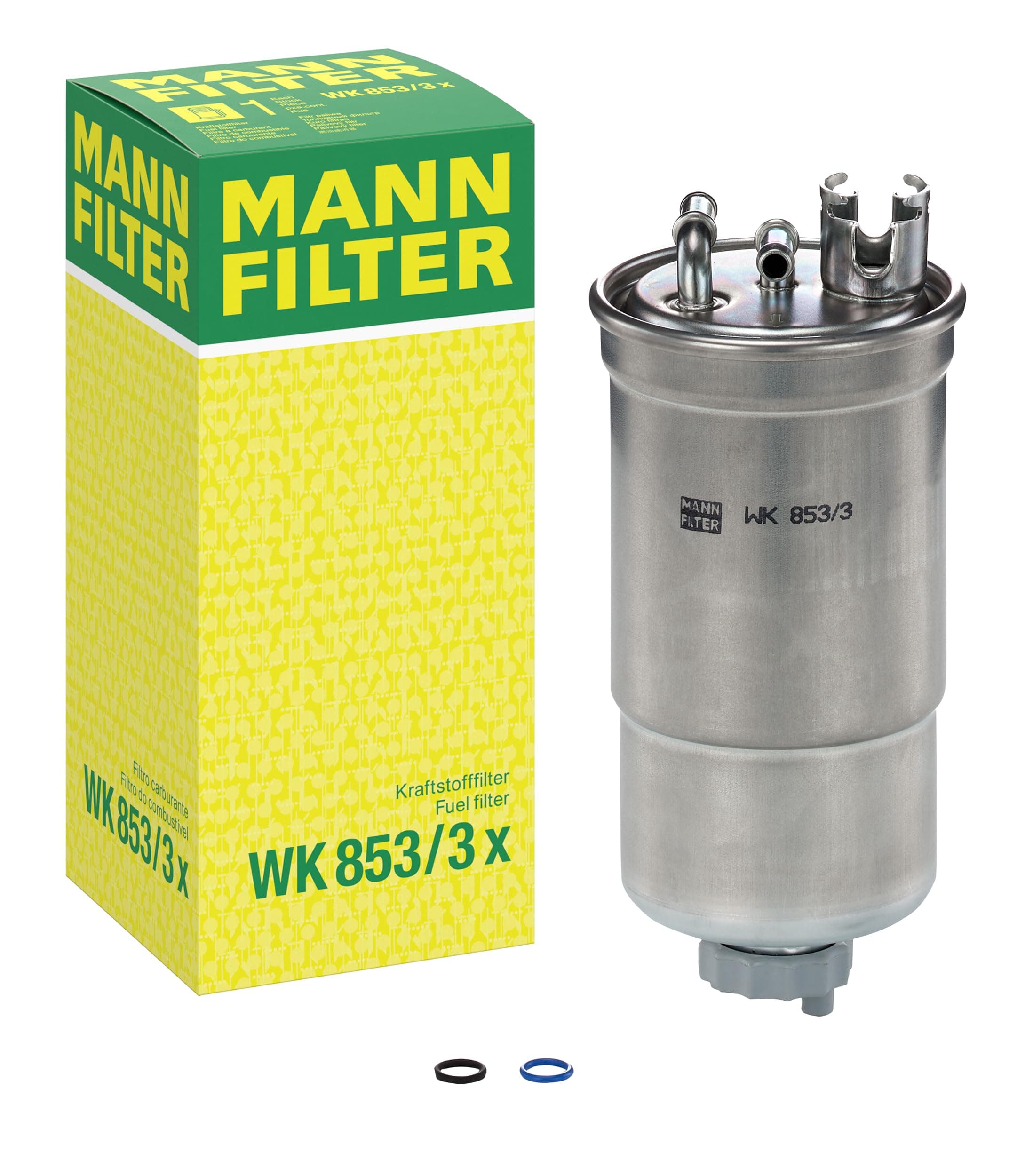 MANN-FILTER WK 853/3 x Kraftstofffilter - für Pkw + Transporter Inlinefilter (Anschlüsse oben) Angebot bei HelloDeals