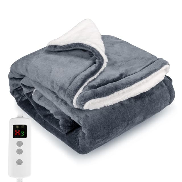 PROALLER Heizdecke 160x130CM, 10 Stufen & 1-9H Timer Auto-Aus, Maschinengängig, Weiches Flanell-Sherpa Vollkörperwärmung, Sofasitzkissen Bett Büro Verwendung, Heizdecke mit Abschaltautomatik 160x130CM Grau