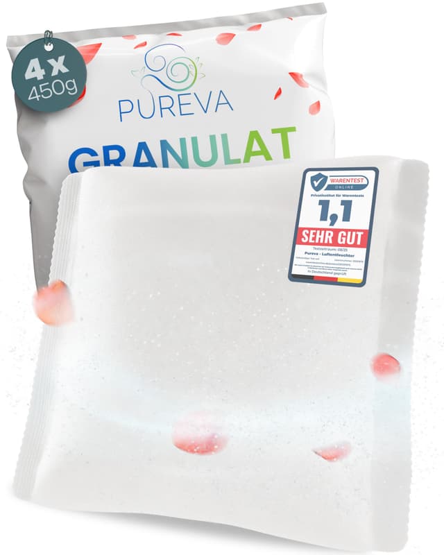 PUREVA Luftentfeuchter Nachfüllpack 4x 450g [NEUESTE FORMEL] Entfeuchter Nachfüllpack mit hochwirksamem Luftentfeuchter Granulat - Entfeuchter Granulat neutralisiert Gerüche & beugt Schimmel vor Blütenpracht 450 g (4er Pack)