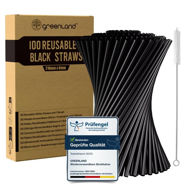 Greenland® 100 Wiederverwendbare Schwarze Trinkhalme mit Bürste – 21 cm lang, 6 mm breit – Perfekt für Cocktails, Milch, Saft, Tee (Strohhalme) 100 Schwarze