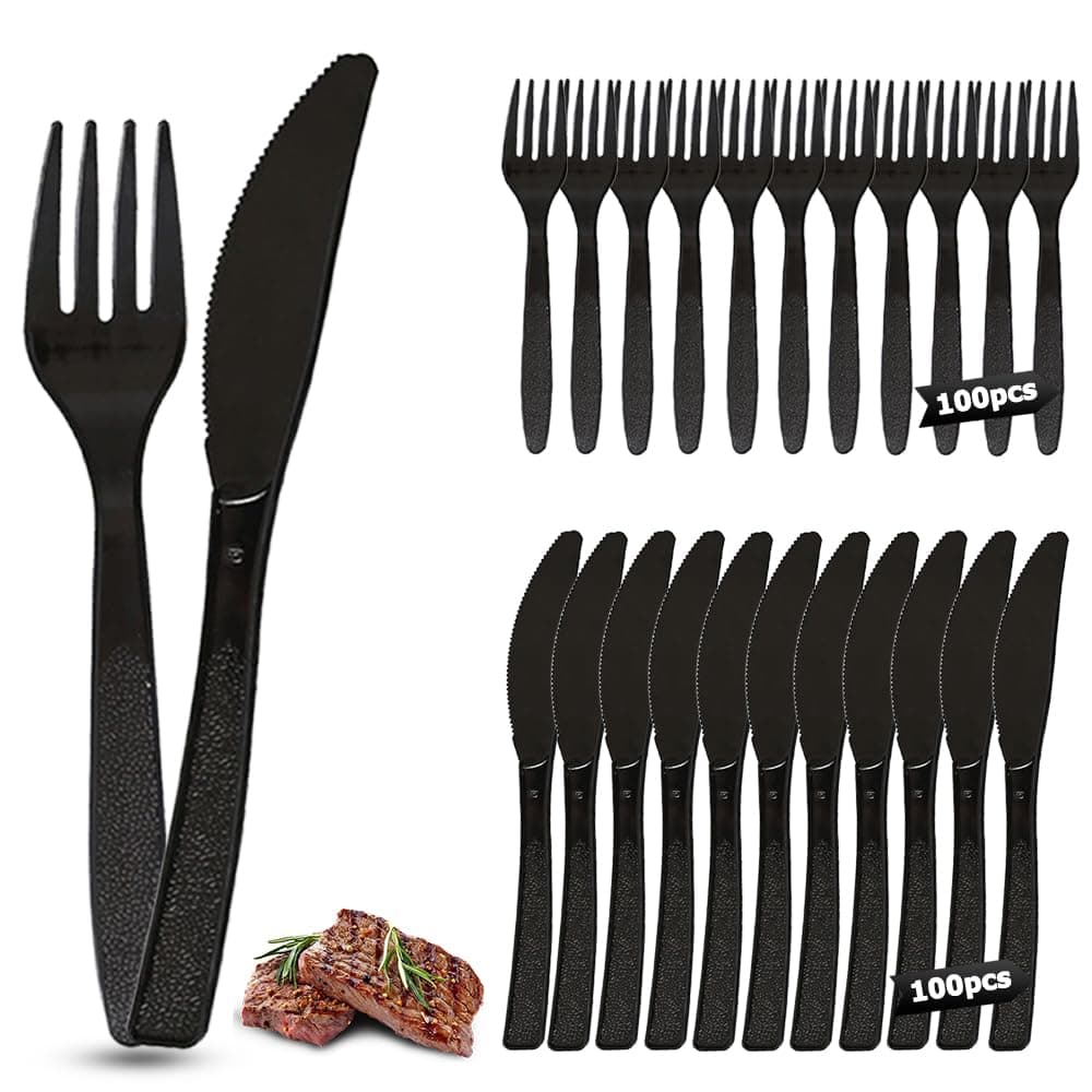 Plastikbesteck, 200 Stück Party Besteck Plastik, 100 Plastik Messer 100 Plastikgabeln Party Besteck Wiederverwendbar für Familie Partys Geburtstagsfeiern Hochzeiten Schwarz 200 Stück Plastikmesser Gabeln