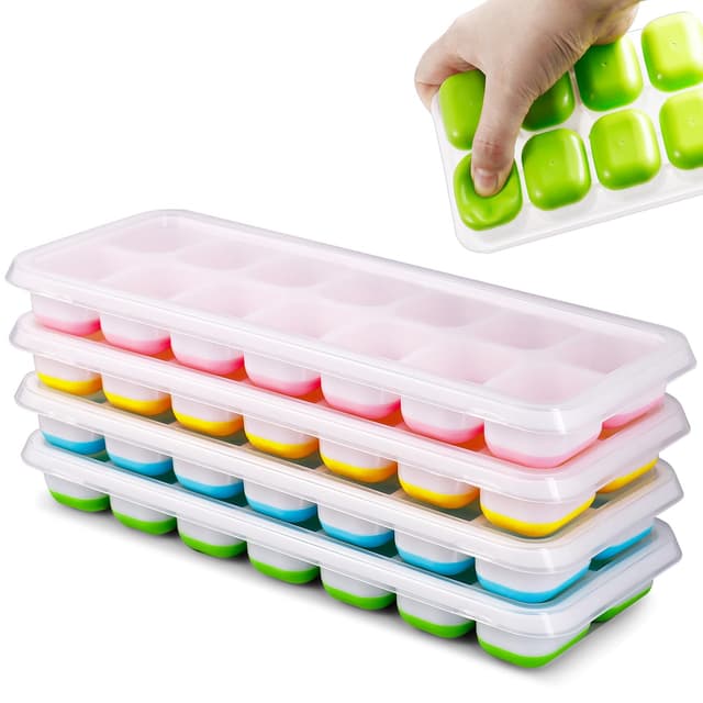 Eiswürfelform Silikon, 4er Pack Eiswürfelbehälter Mit Deckel, Quadratische Eiswürfelschalen, Stapelbar Eiswürfel Form, LFGB Zertifiziert und BPA Frei Vier Kleuren