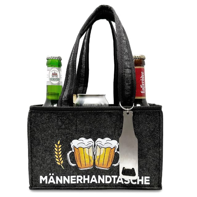 Witzige Männerhandtasche mit Flaschenöffner | Tragetasche aus Hochwertigem Filz für 6 Bierflaschen | Bier Herrenhandtasche in Grau Dunkelgrau