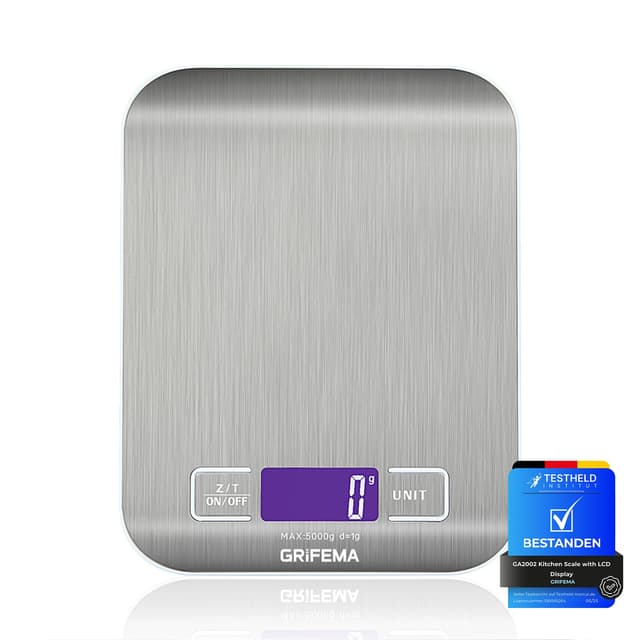 GRIFEMA Digitale Küchenwaage (Hochpräzise 1g-5000g), Feinwaage mit LCD Display und 2 Batterien, Waage Küchenwaage Abstellautomatik und Tara, Digitalwaage mit 6 Maßeinheit, Briefwaage Edelstahl