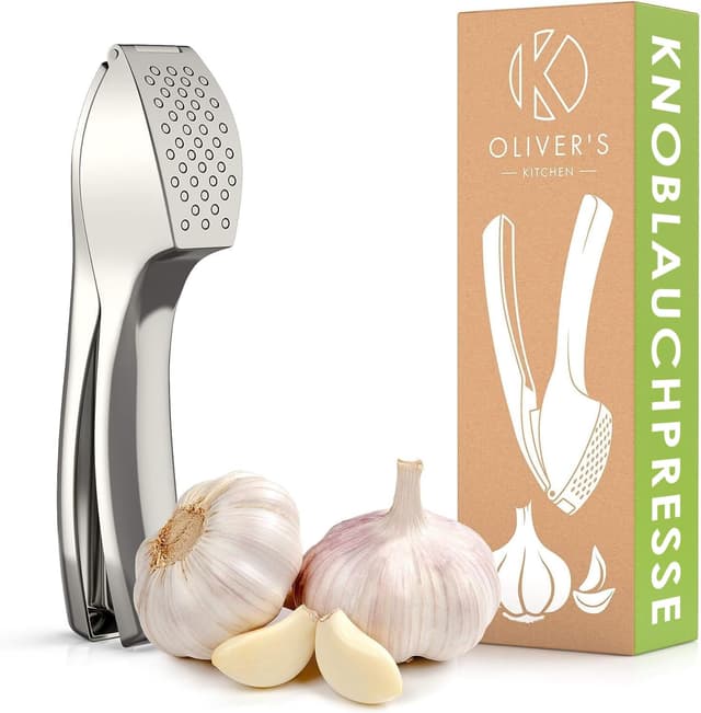 Oliver's Kitchen ® Premium Knoblauchpresse - Handlich & Leicht zu Reinigen - Zerkleinert Knoblauch & Ingwer Mühelos (Kein Schälen Nötig) - Extra Stark & Strapazierfähig Silver
