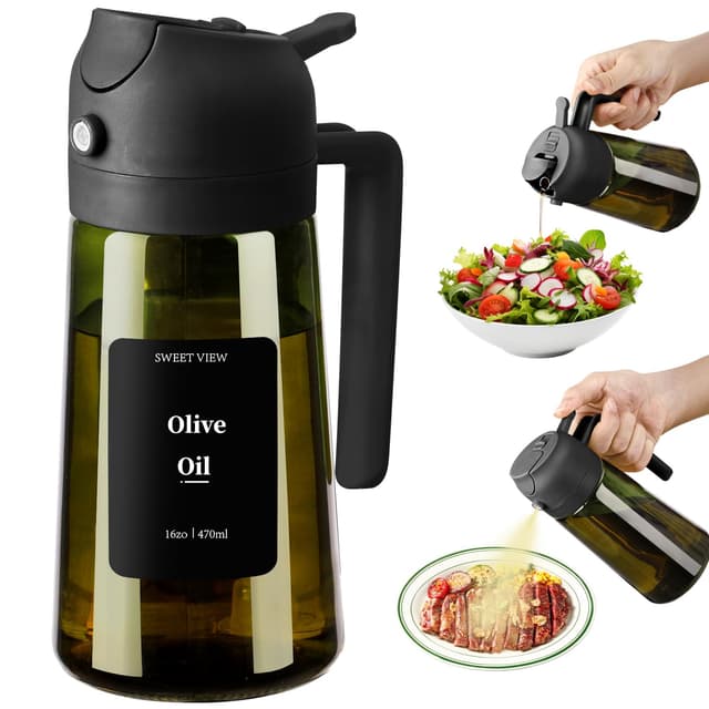 SWEET VIEW Olivenölspender und Ölsprüher – 470 ml Glas, lichtdichter Ölausgießer für Küche, Luftfritteuse, Kochen, Salat und BBQ 1 Stück Schwarz