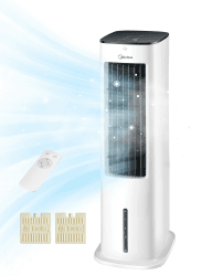 Midea 4-in-1 Mobile Klimaanlage ohne Abluftschlauch | Turmventilator mit Wasserkühlung & Luftbefeuchter | | Luftkühler mobil mit 5L Wassertank, 355m³/h Luftstrom, Ionisation, Fernbedienung (55W, Weiß) Angebot bei HelloDeals