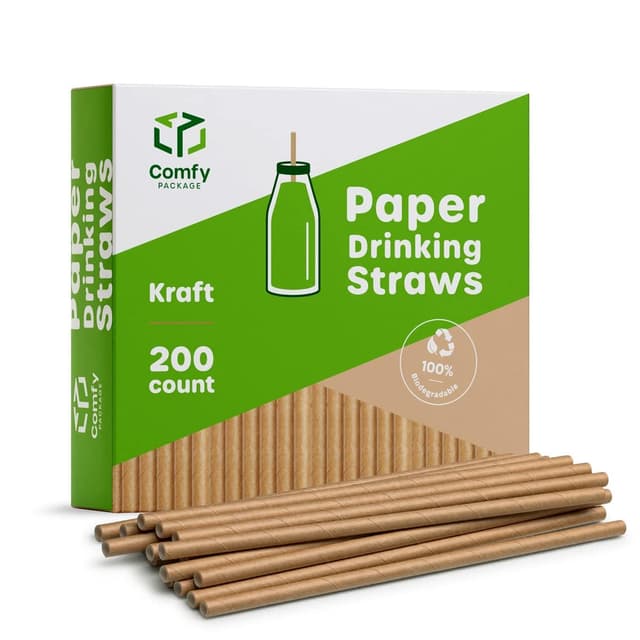 Comfy Package [200 Stück] Kraft-Papierstrohhalme, 100% biologisch abbaubar & tintenfrei – Strohhalme zum Trinken und für Bastelarbeiten. 200 - Kraftpapier