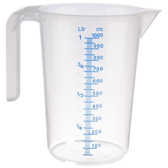 APS Messbecher 1 Liter, Ø 12 x H: 16,5 cm, Kunststoffbecher mit geprägter Maßskalierung außen, offener Griff, l-/ml-Einteilung, spülmaschinengeeignet offener Griff 1 Liter