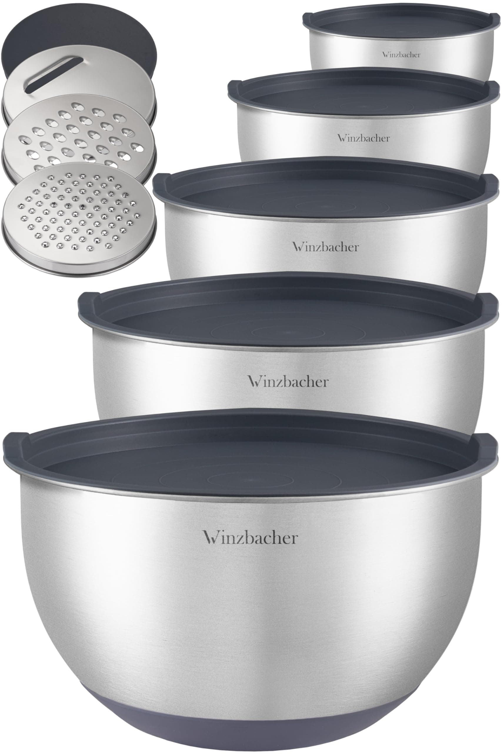 Winzbacher Edelstahl Schüssel mit Deckel [5er Set] 1l + 1.5l + 2.5l + 3.5l + 4.5l | Rührschüssel, Salatschüssel, Schüsselset, | rutschfest | stapelbar | inkl. Reibe