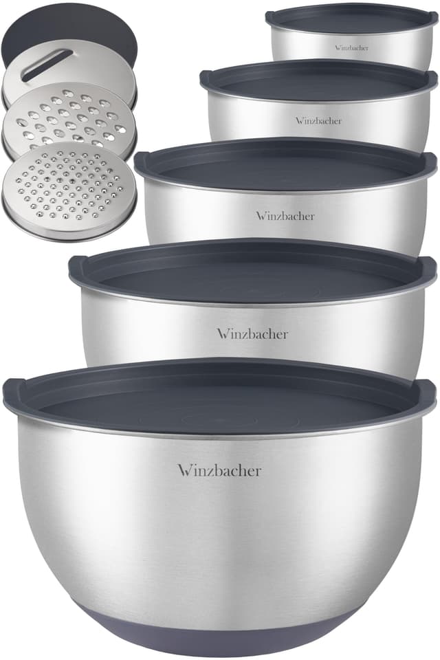 Winzbacher Edelstahl Schüssel mit Deckel [5er Set] 1l + 1.5l + 2.5l + 3.5l + 4.5l | Rührschüssel, Salatschüssel, Schüsselset, | rutschfest | stapelbar | inkl. Reibe