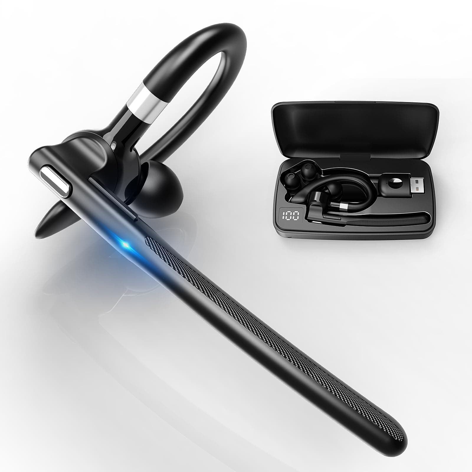 Euakee Bluetooth Freisprech Headset, V5,4 Bluetooth Protokoll, Freisprecheinrichtung Ohr mit 500mAh Ladekoffer, Freisprech Kopfhörer mit CVC 8,0 Dual-Mic für Computer Handys Trucker Home Office (A)