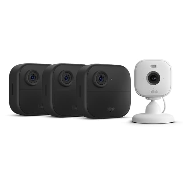 Blink-Kamera Outdoor 4 + Blink Mini 2 Weiß| Kabellose intelligente HD-Sicherheitskamera, zwei Jahre Batterielaufzeit, fortschrittliche Bewegungserfassung, 3-Kamera-System