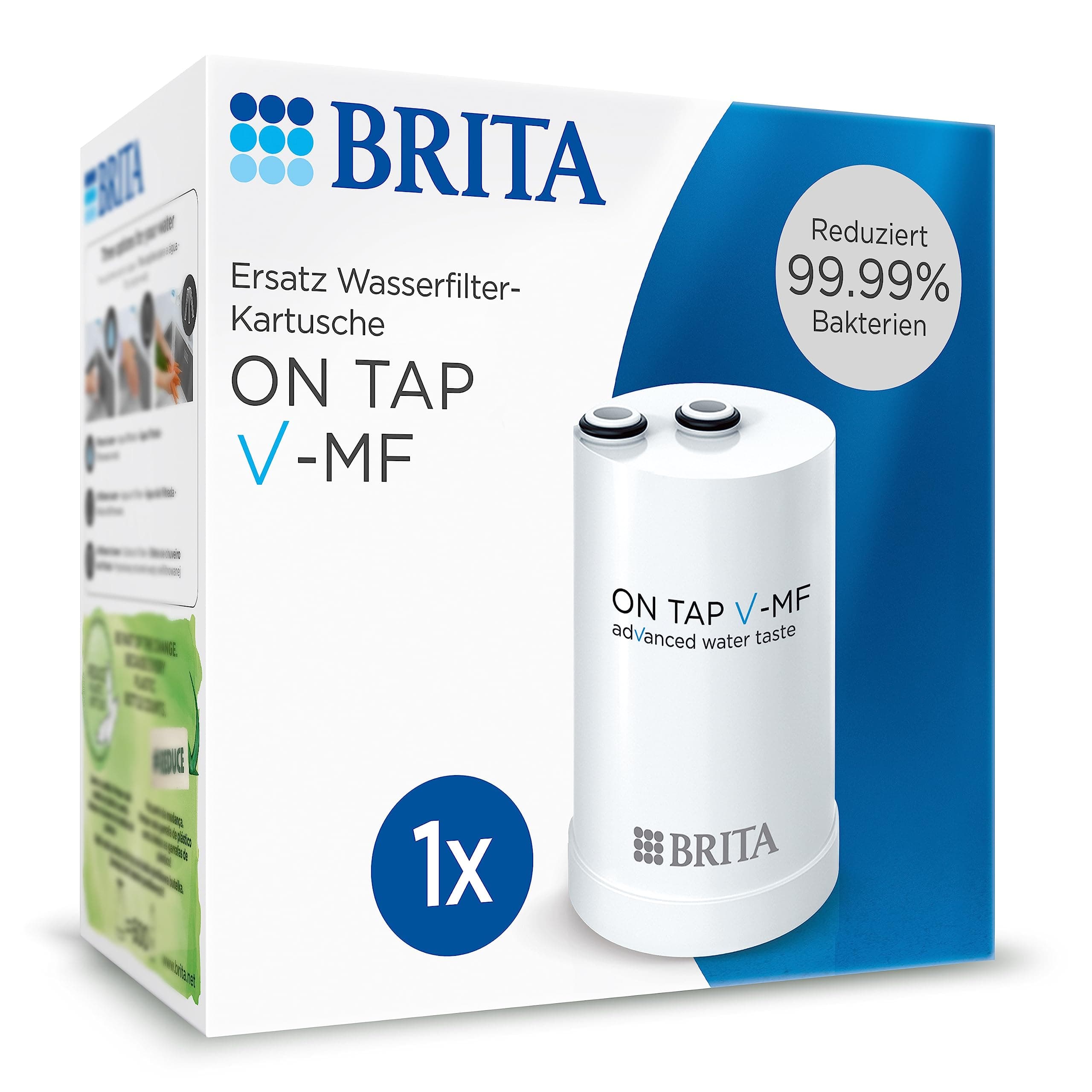 BRITA Filterkartusche ON TAP V-MF für ON TAP Pro V-MF Wasserfilter für den Wasserhahn (600l) - Ersatzkartusche reduziert 99,99% Bakterien, Chlor, Mikroplastik und Metalle wie Blei und Kupfer