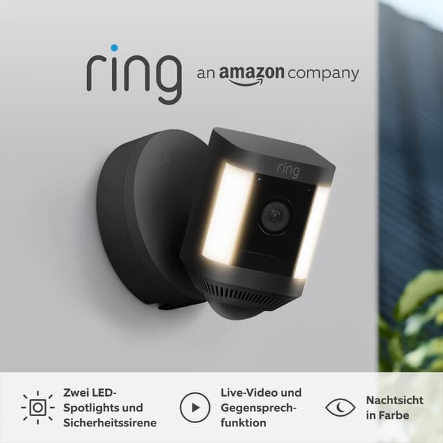 Ring Spotlight Cam Plus Wired von Amazon | 1080p-HD-Video, Gegensprechfunktion, Nachtsicht in Farbe, LED-Spotlights, Sirene, festverdrahtete Installation | 3 Kameras