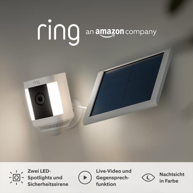 Ring Spotlight Cam Plus Solar | 1080p-HD-Video, Gegensprechfunktion, Nachtsicht in Farbe, LED-Spotlights, Sirene, Selbstinstallation | 3 Kameras