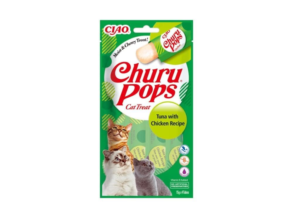 INABA Churu Pops Reich an Hühnerfleisch & Thunfisch Katzenleckerlis, Getreidefrei, Zuckerfrei, Keine Nebenerzeugnisse, 88% Feuchtigkeit, nur 7 kcal pro Tube, Premium Katzen Leckerlies 60 g (1er Pack) Thunfisch & Huhn 60 g (1er Pack)