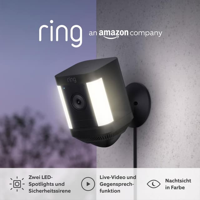 Ring Spotlight Cam Plus Plug-in | Überwachungskamera aussen mit WLAN, HD-Video, Sicherheitskamera mit LED-Flutlicht, Nachtsicht in Farbe, Bewegungserfassung und Sirene | 4 Kameras