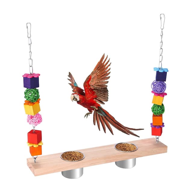 QIODAZOO Vögel Schaukel mit Vögel Näpfe, Vogel Schaukel Natürlichem Holz, Vogelnapf Edelstahl, Fütterung Spielzeug für Papageien, Wellensittiche Finken Sittiche