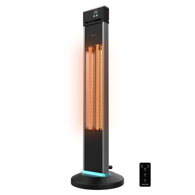 Cecotec Elektrischer Außenheizlüfter in Turmform ReadyWarm 2000 Power Tower, 2000 W mit 3 Leistungsstufen, Halogen-Technologie, Schutzart IP34, Fernbedienung und Display, Abdeckungsbereich 10 m