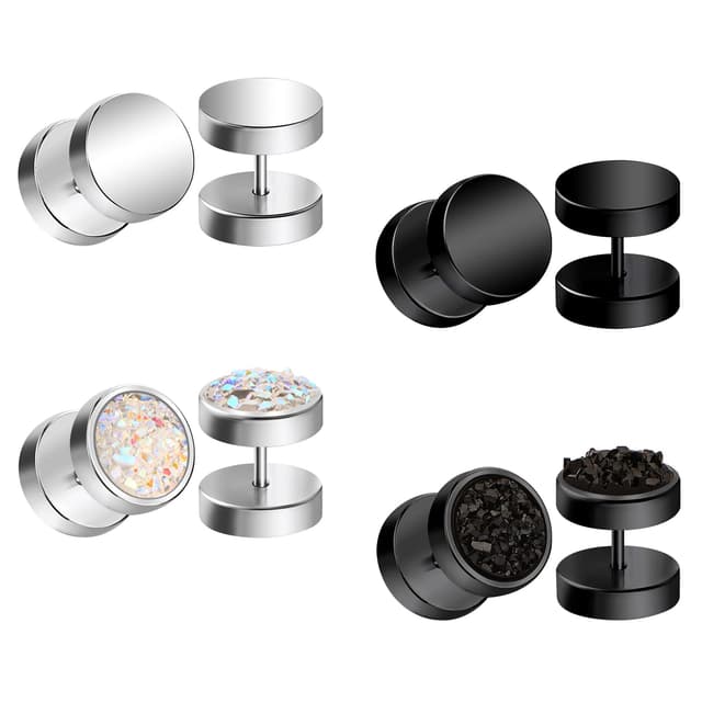 AceFun 16G Gefälschte Runde Ohrstecker Chirurgenstahl Punk Stil Fake Ohrringe Stecker Männer Frauen Clip auf Tunnel Ohr Piercing Fake Ears Plugs 4 Paare-schwarzsilber