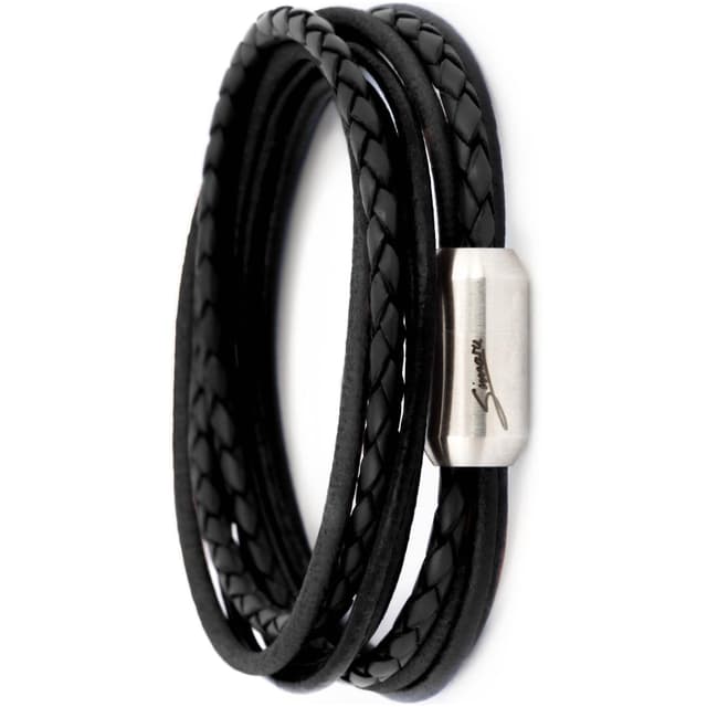 Simaru Echtleder Armband Made in Germany, Unisex Wickelarmband mit Magnetverschluss, hautfreundlich & robust M - Handgelenkumfang von 16-17cm Schwarz-silver