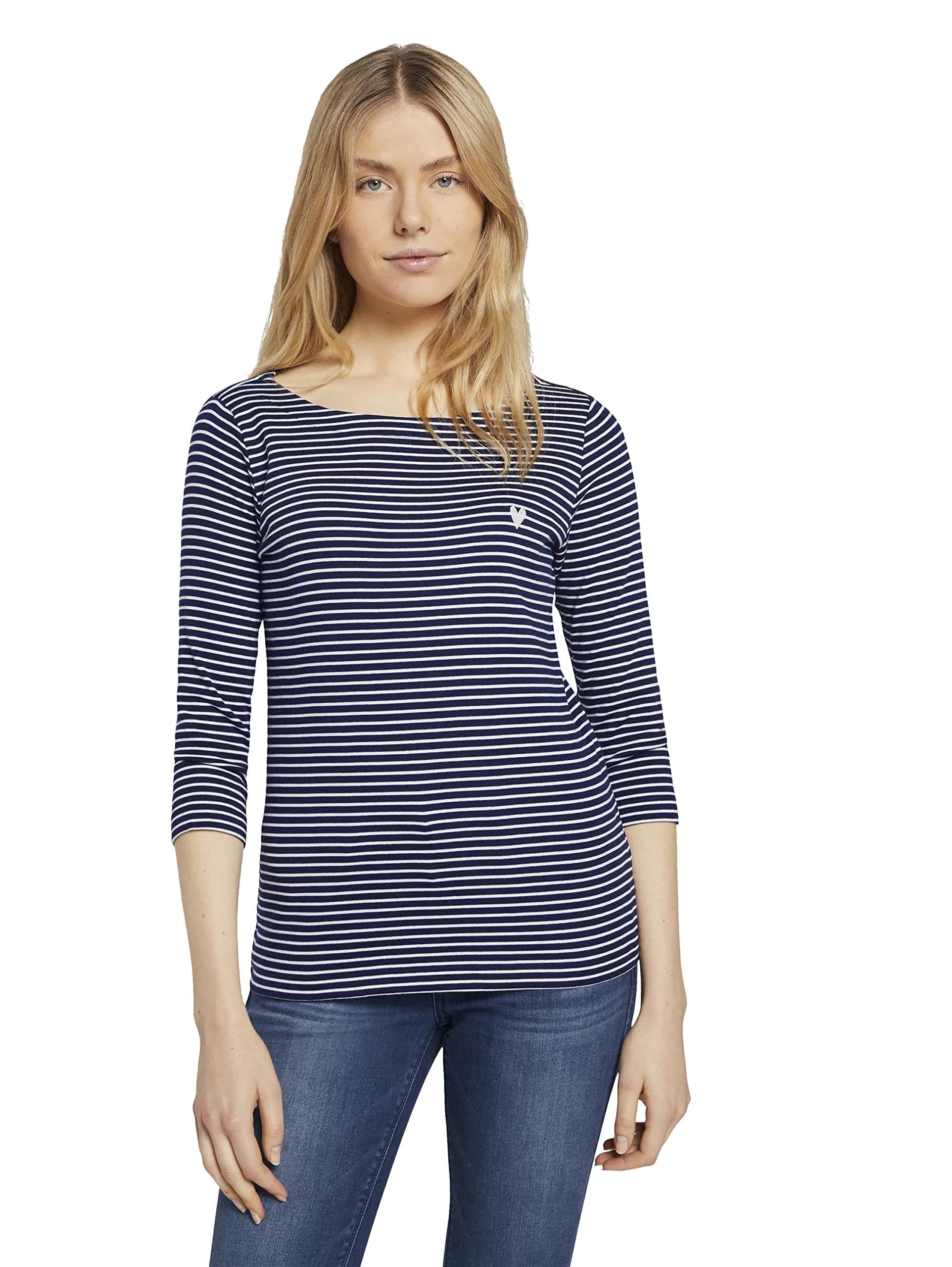 TOM TAILOR Damen Longsleeve mit Herz-Stickerei auf der Brust L 26033 - Navy White Small Stripe