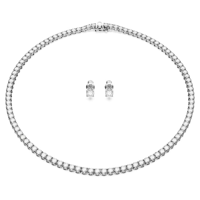 Swarovski Matrix Tennis Set, Rhodinierte Halskette und Ohrringe mit Strahlenden Weißen Swarovski Kristallen
