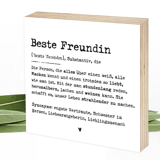 Wunderpixel® Holzbild Definition Beste Freundin - 15x15x2cm zum Hinstellen/Aufhängen, Fotodruck mit Spruch auf Holz - schwarz-weißes Wand-Bild Aufsteller Zuhause Büro zur Dekoration Geschenk-Idee