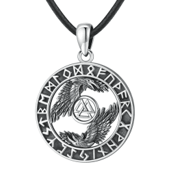 Eusense Wikinger Schmuck 925 Silber Viking Halskette Geschenke Amulett Nordische Mythologie Anhänger Geschenk für Herren Damen RUNE & VALKNUT & RABE