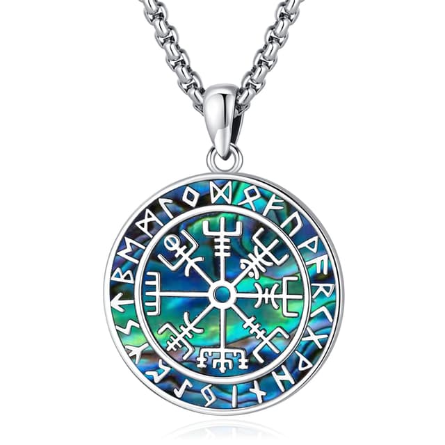Eusense Wikinger Schmuck Viking Halskette Geschenke 925 Silber Amulett Nordische Mythologie Anhänger Geschenk für Herren Damen Männer Muttertag Vatertag VEGVISIR & RUNE-A