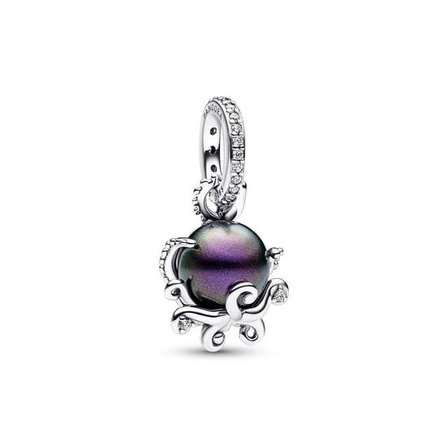 Pandora Disney Arielle Anhänger Oktupus, Sterlingsilber, mit lila lackierter Kunstperle und klarem Cubic Zirkonia Krabbe Anhänger