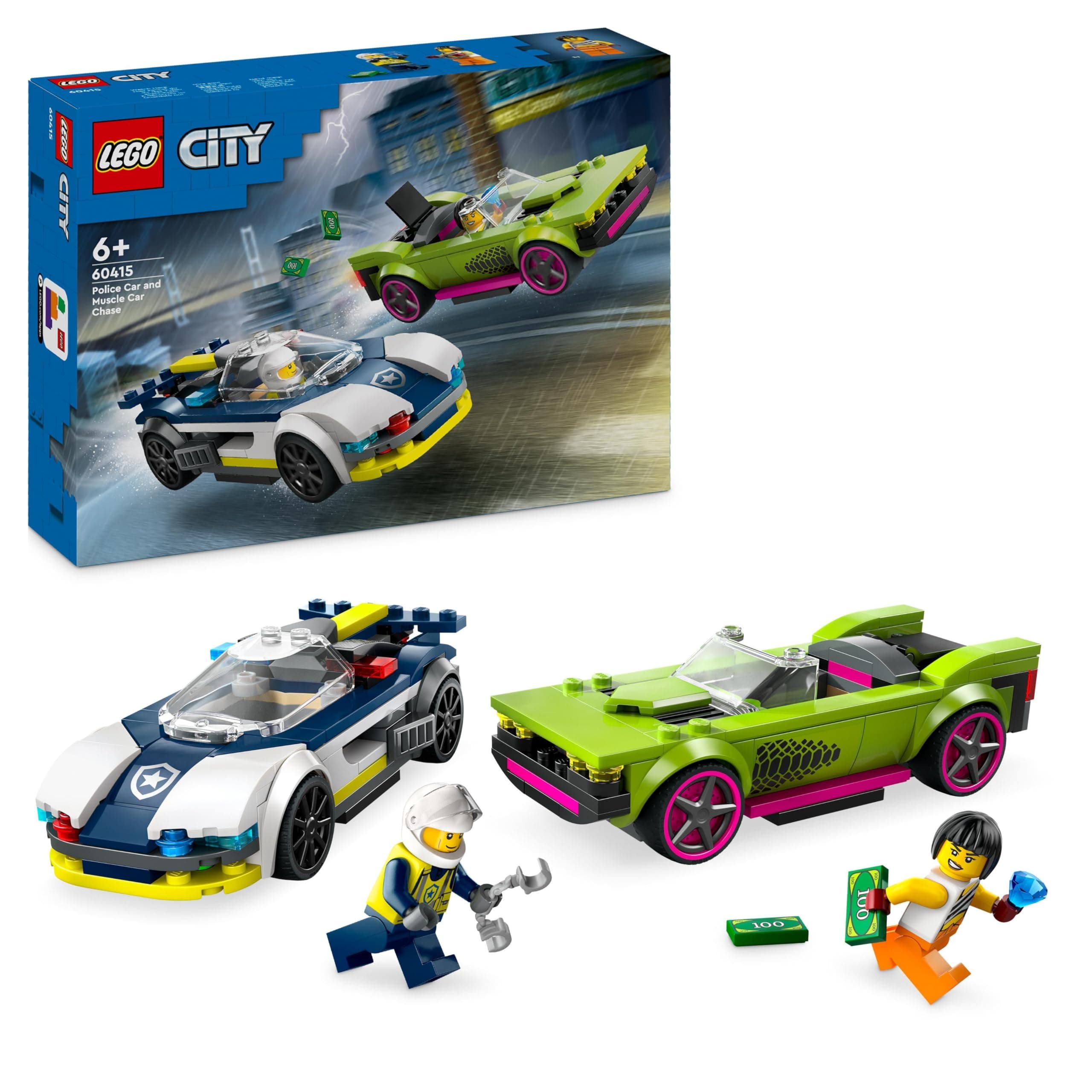 LEGO City Verfolgungsjagd mit Polizeiauto und Muscle Car, Auto-Spielezug mit 2 Rennautos, Polizei-Geschenk für Kinder, Jungs und Mädchen ab 6 Jahren, Set mit Polizist und Ganovin-Minifiguren 60415 Single Angebot bei HelloDeals