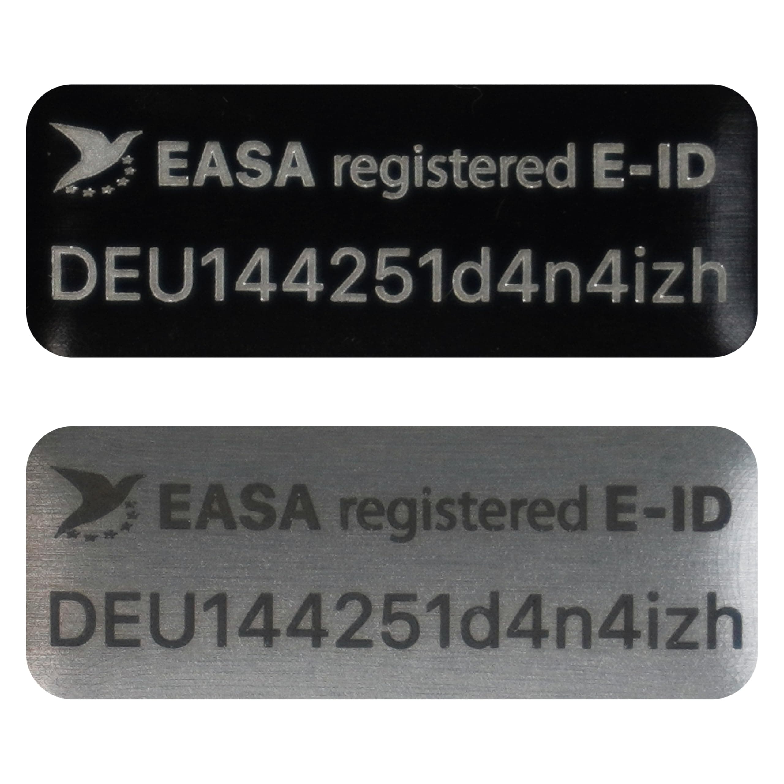Flying Drone – e-ID Drohnen-Kennzeichen 20x8mm für DJI NEO & DJI weitere Modelle | Feuerfeste Drohnen Plakette | In Schwarz oder Silber | Aluminium-Plakette mit EASA-Vogelsymbol