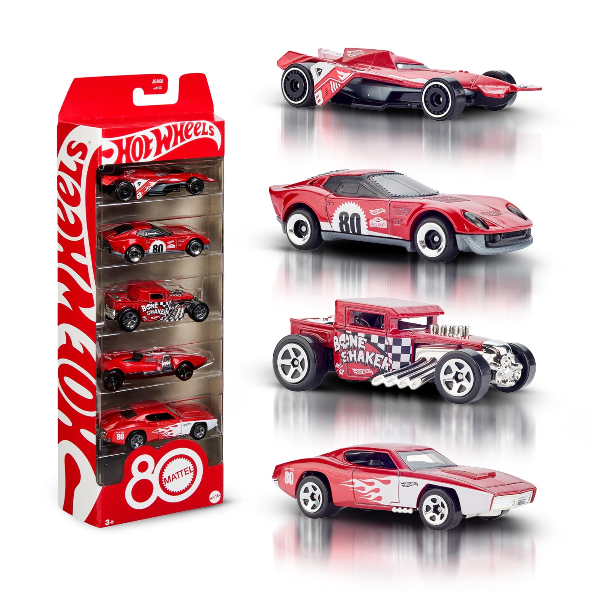 Hot Wheels Spielzeugautos, 5er-Pack Spielzeugautos im Maßstab 1:64 mit Deko und Verpackung zum Sammeln, Core Mattel 80. Jubiläum, Set mit 5 Fahrzeugen, JGK08