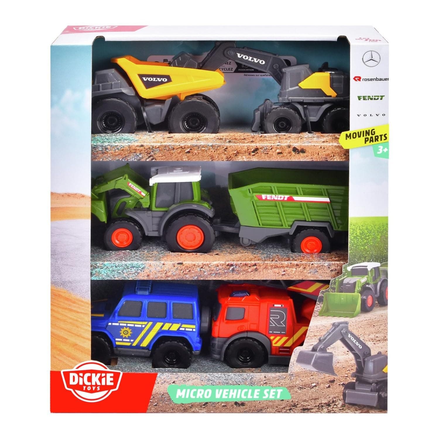 Dickie Toys - 5er-Set Micro Spielzeugautos (je ca. 8 cm) - 5 Autos (Polizei, Feuerwehr, Bagger, Traktor mit Anhänger und Muldenkipper) mit Freilauf und beweglichen Teilen für Kinder ab 3 Jahre