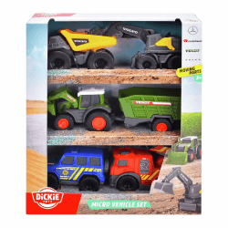 Dickie Toys - 5er-Set Micro Spielzeugautos (je ca. 8 cm) - 5 Autos (Polizei, Feuerwehr, Bagger, Traktor mit Anhänger und Muldenkipper) mit Freilauf und beweglichen Teilen für Kinder ab 3 Jahre Angebot bei HelloDeals