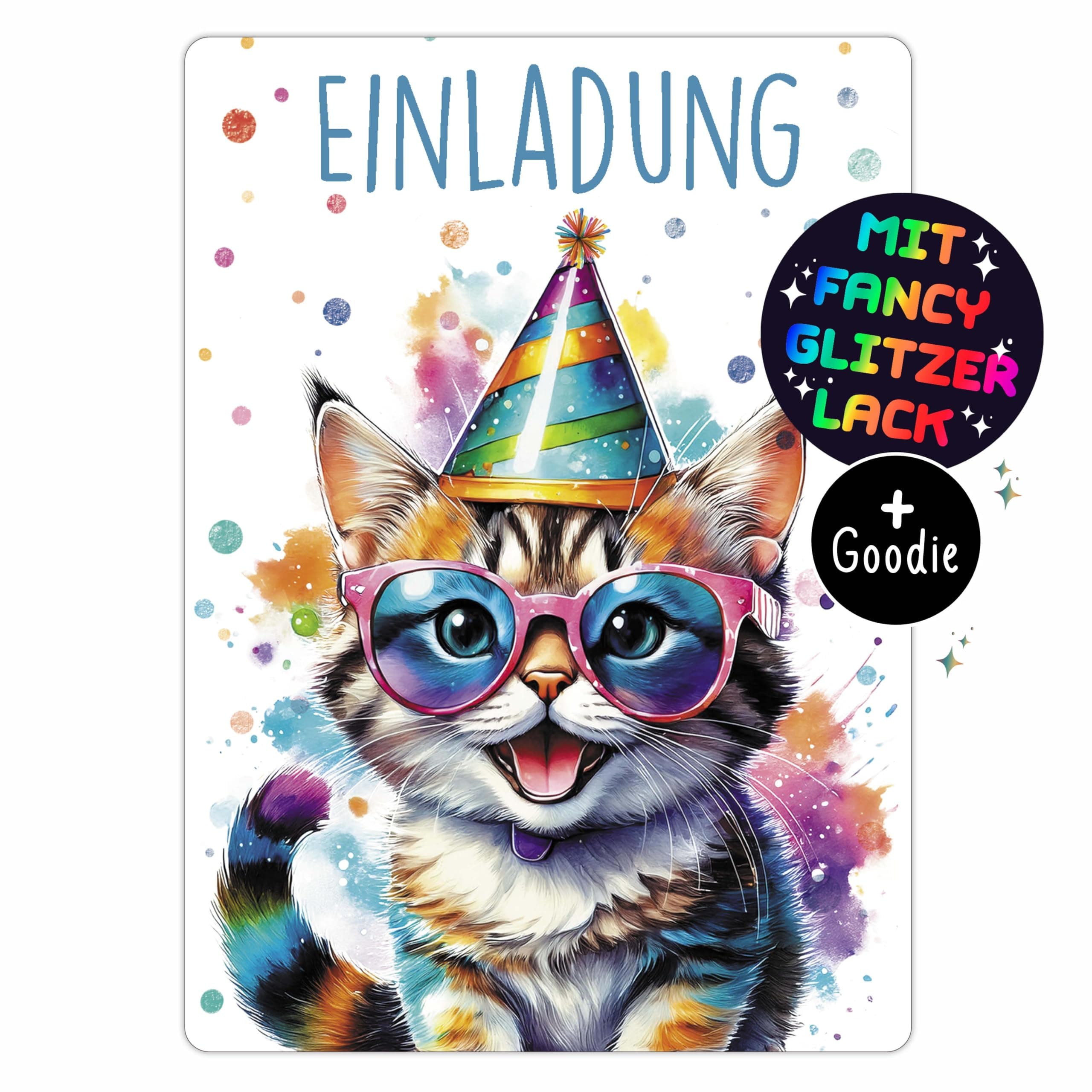 CALLUNA® Katze GLITZER Einladungskarten Kindergeburtstag Mädchen - 12 Stück - Witzige Alpaka Geburtstag Einladungen mit echtem Glitzerlack - Einladungskarten Teenager Mädchen