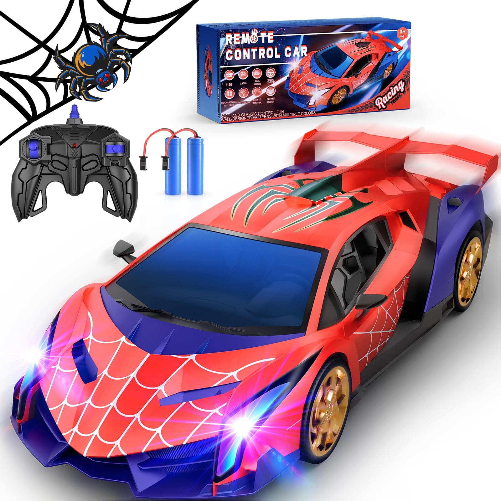 Ferngesteuertes Auto mit Spider-Augenlichtern & Spinnennetz-Design, RC Auto Drift Car 1:16 Spielzeug ab 3 4 5 6 7 8 9 10 Jahre Junge Geschenk Junge Mädchen 3-12 Jahre Kinder Spiele geburtstagsgeschenk