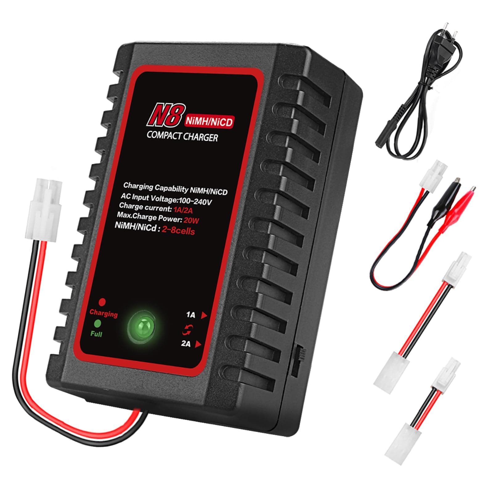 HTRC Intelligentes Nimh-Ladegerät für 2-8s Nimh/NiCD-Akku von Airsoft RC Car Boat Drone RC-Ladegerät für NiMH/NiCD-Akku mit Standard-/Mini-Tamiya-Anschluss 2.4V, 3.6V, 4.8V, 6V, 7.2V, 8.4V, 9.6V
