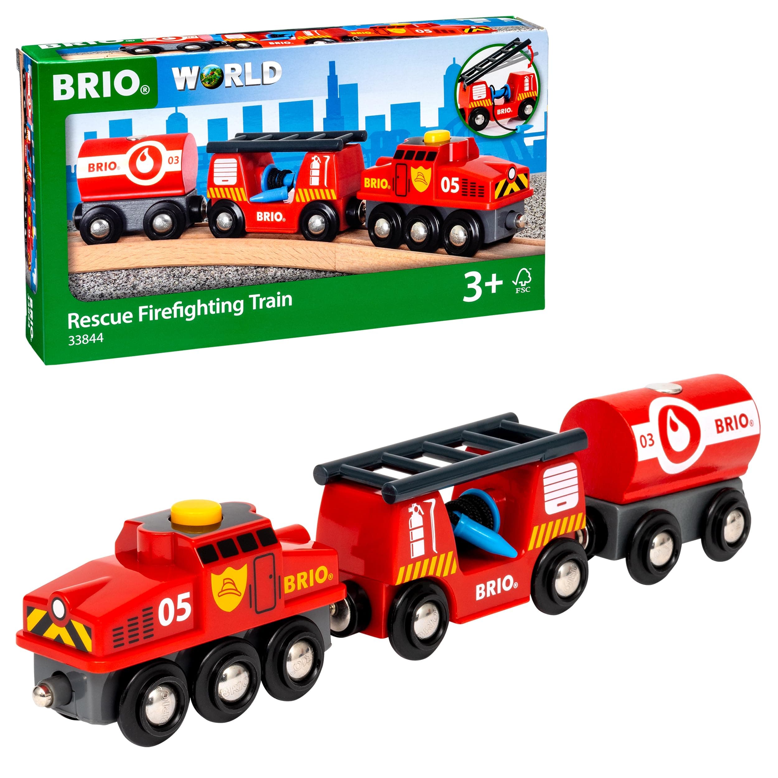 BRIO World 33844 Feuerwehr-Löschzug - Feuerwehrzug mit Feuerwehrschlauch und Wassertank - Kleinkindspielzeug empfohlen ab 3 Jahren Single