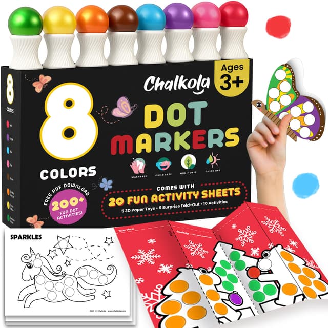 Chalkola 8 abwischbar Dot Marker | Dot Stifte Mit 20-Seitigem Mal-Aktivitätsbuch, Bingo Stift | Stempelstifte für kinder ab 2 | Bingo Dabber | Paint Art Set für Vorschulkinder, Bastelset für Kinder Mehrfarbig 8 Pack