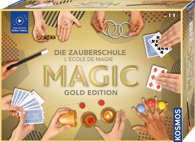 Kosmos 694319 Magic Die Zauberschule - Gold Edition, 75 Zaubertricks und Illusionen, 18 Zauberutensilien, innovatives Anleitungskonzept DREI Schwierigkeitsstufen, Zauberkasten für Kinder ab 8 Jahre multilingual_Zauberschule
