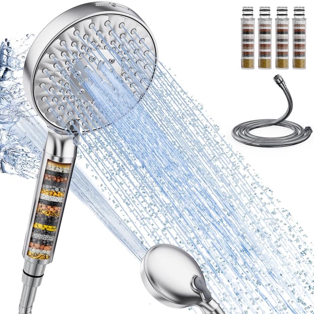 SR SUN RISE Duschkopf mit Filter，9 Strahlarten Duschkopf mit Schlauch，Handbrause mit 4 Duschfilter，Hochdruck Handbrause mit 20 Schichten Filtrierung für Hartes Wasser，Rest-Chlor，Schwermetall，Bakterien Vier-Kartuschen-Kombination Chrom 9 Strahlarten Schlau