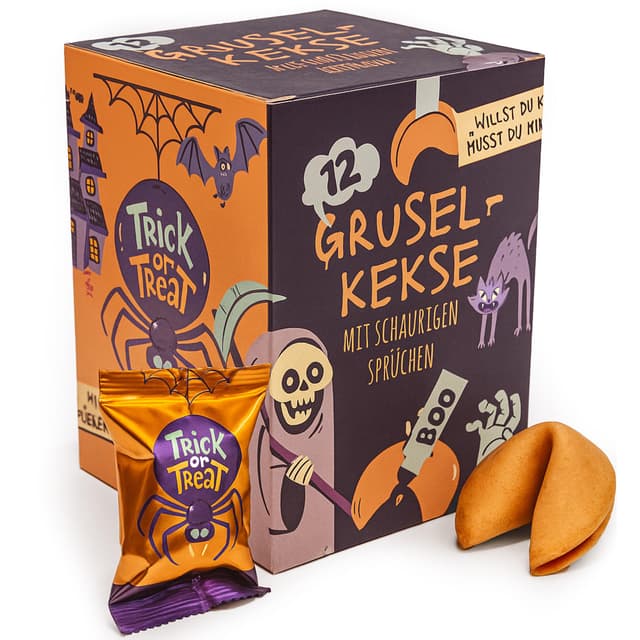 FOOD crew 12x Halloween Glückskekse - 4 Motive und schaurige Sprüche - Halloween Süßigkeiten Gruselig - Glückskeks Vegan - Halloween Snacks als Party Deko oder Süßes oder Saures Mitgebsel