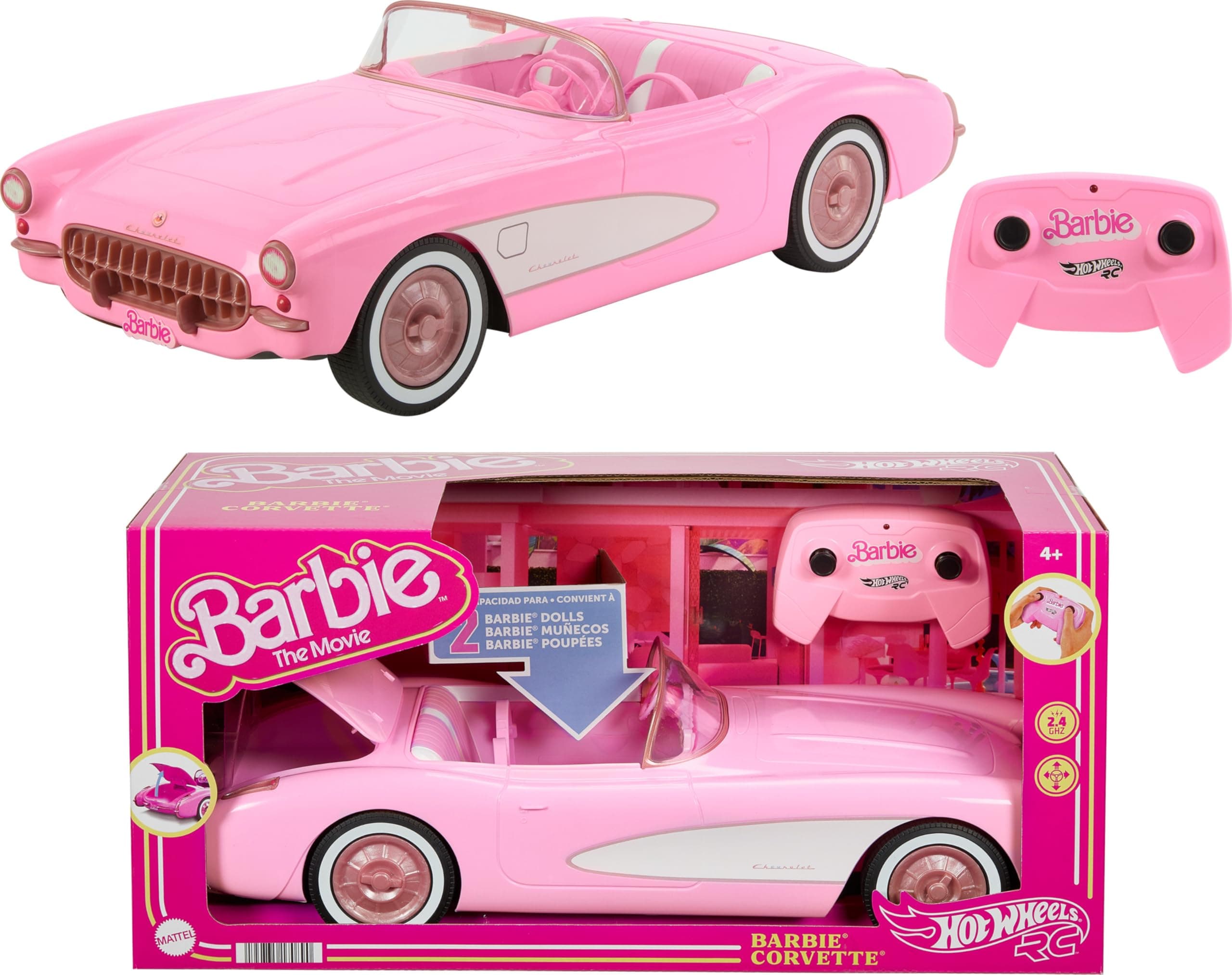 Hot Wheels Ferngesteuertes Auto, R/C Barbie Corvette - ferngesteuertes Fahrzeug, 1956 Corvette Stingray, 2,4 GHz Frequenz, bis zu 8 km/h, Platz für 2 Barbie-Puppen, HPW40 Barbie Movie Corvette