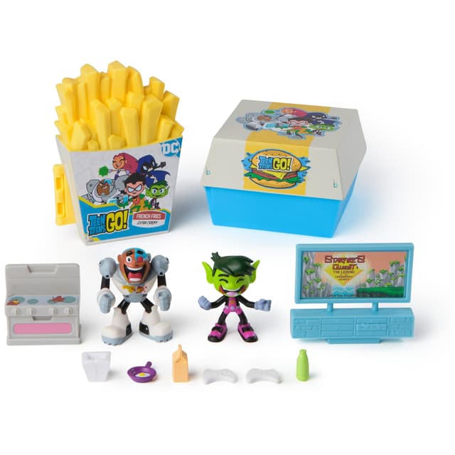 DC COMICS Spin Master Teen Titans Go! Kitchen Chaos Dis-Play Set mit Beast Boy und Cyborg Figuren und Zubehör, Spielset Kinder Spielzeug für Jungen und Mädchen ab 4 Jahren