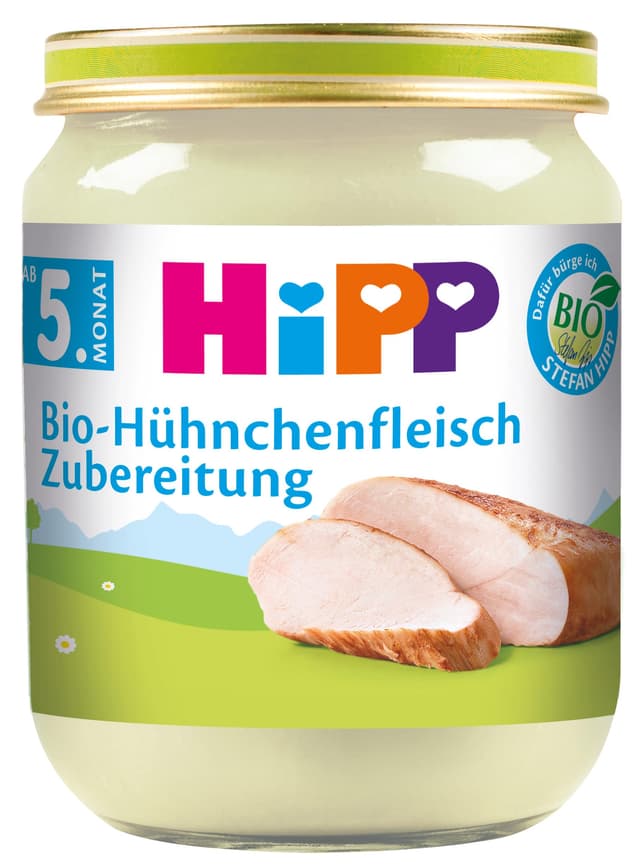 HiPP Bio Hühnchenfleisch Zubereitung (6 x 125g), mit Bio-Rapsöl, glutenfrei, ohne Zusatz von Salz, in bester Bio-Qualität 125 g (6er Pack) Single