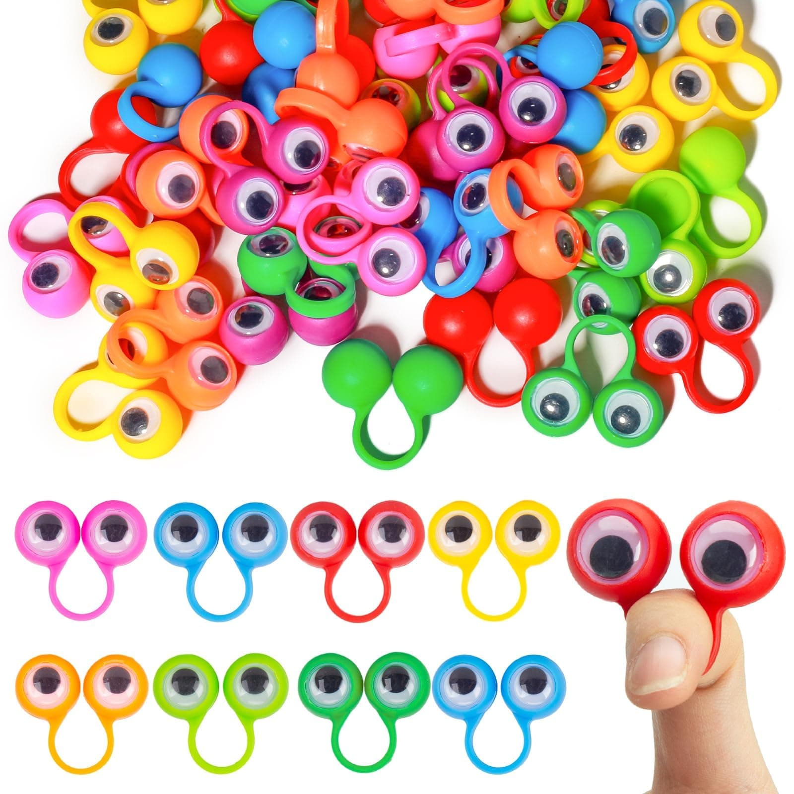 Felly 100PCS Augen Finger Spielzeug, Farbe Eye Ring Fingerpuppen Haben Spielen für Kinder, Pädagogisches Fingerspielzeug, Glubschaugen Parteibevorzugung, Party Taschen für Kindergeburtstags Halloween Angebot bei HelloDeals
