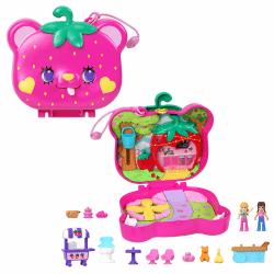 Polly Pocket Erdbeer Bärchen Schatulle - inklusive 2 Puppen, 12 Accessoires und 5 Motiven zum Geschichtenerzählen drehbare Augen und tollem Garten-Spielplatz, für Kinder ab 4 Jahren, HRD35 Angebot bei HelloDeals